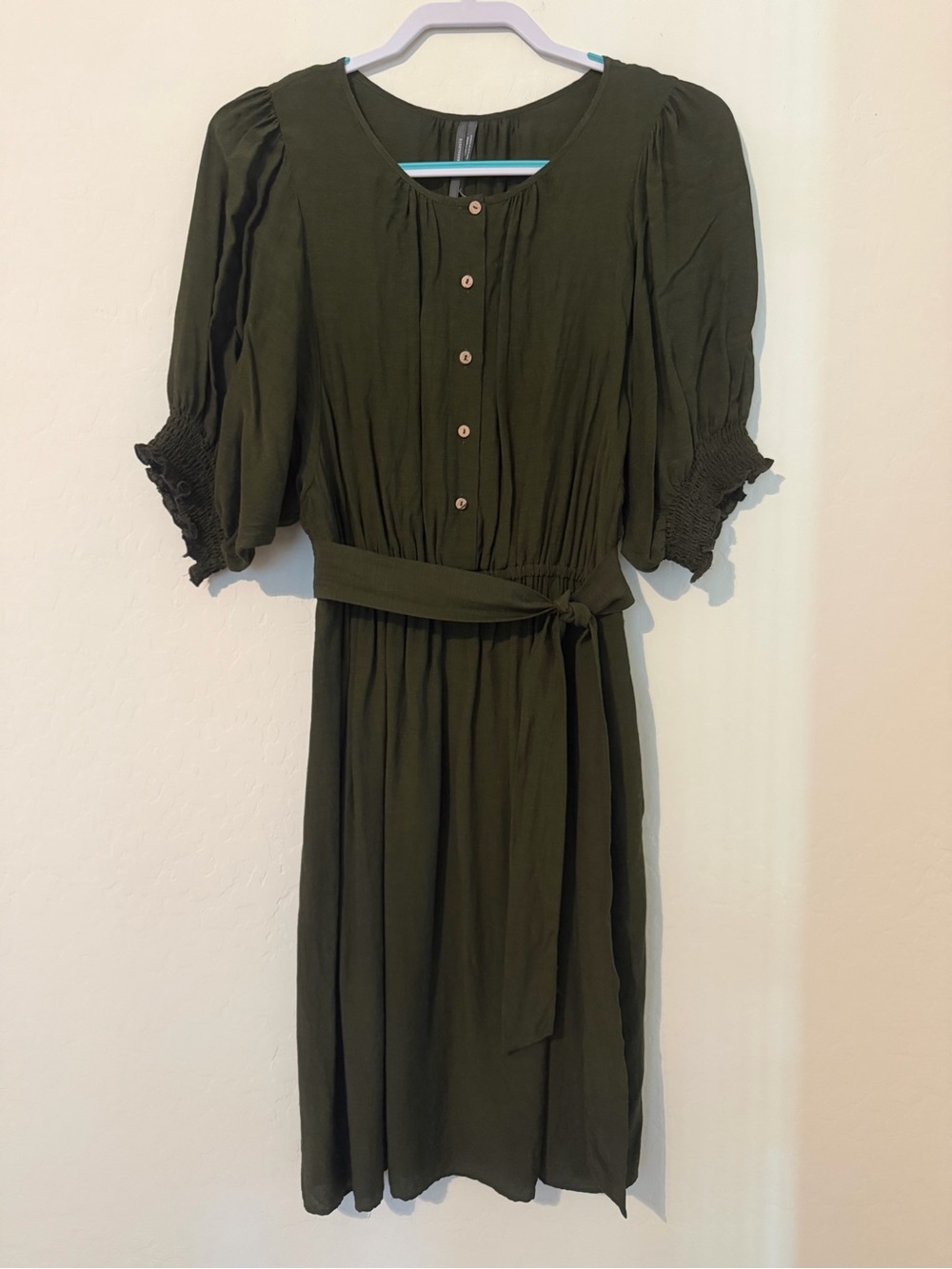 Anthropologie Olive Green Button-Front Midi Dress with Tie Waist, Small NWOT